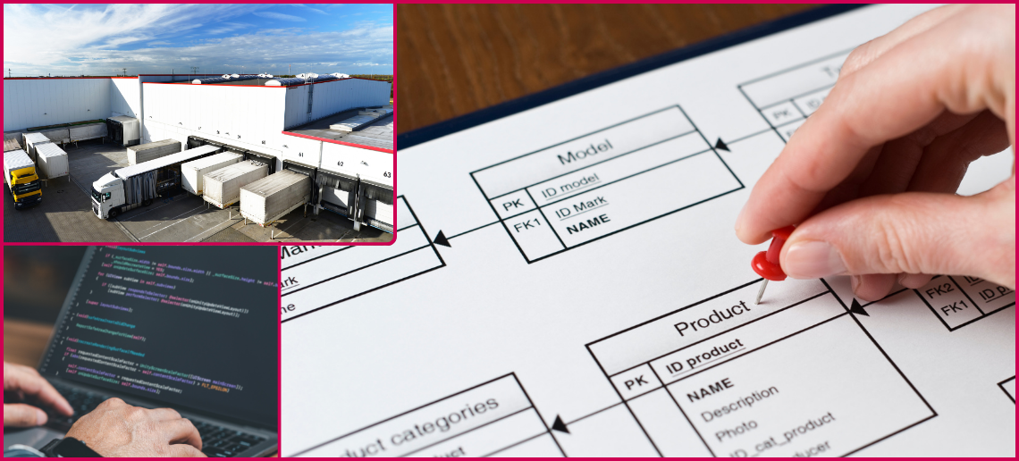 Fotocollage av ett lager med lastbilar, ett projektdiagram på ett bord och en person som kodar.